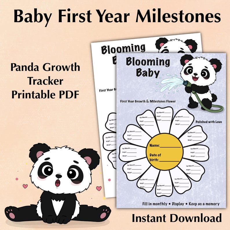 Sweet Panda Baby Milestone Tracker – First Year Growth Petal Printable ...