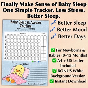 Può includere: Un foglio di monitoraggio della routine di sonno e veglia per neonati azzurro con una griglia per tracciare le ore su sette giorni. La pagina presenta un pulcino dei cartoni animati che dorme sotto una coperta rosa, una sezione note e testo tra cui "Finally Make Sense of Baby Sleep" e "Better Sleep, Better Mood, Better Days."