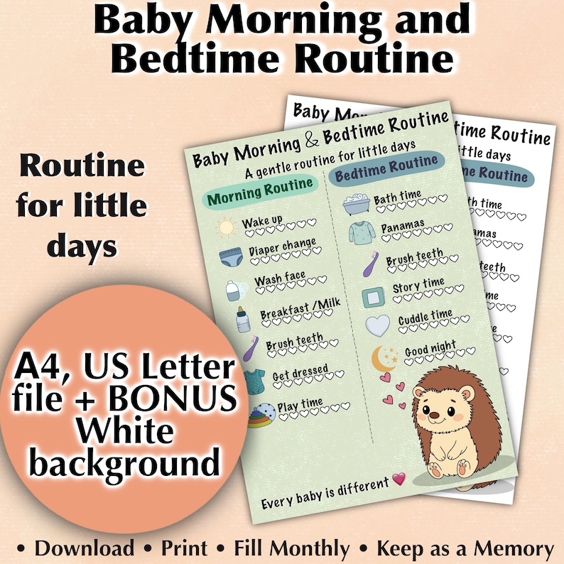 Hedgehog Baby Routine Chart | Toddler Morning Bedtime Visual Schedule ...