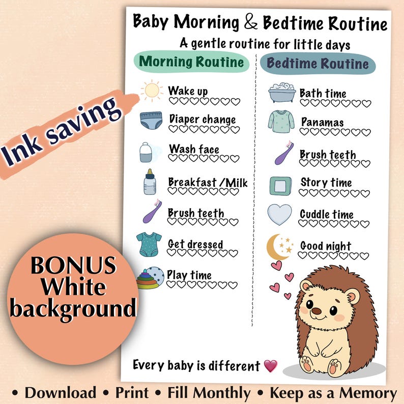 Hedgehog Baby Routine Chart | Toddler Morning Bedtime Visual Schedule ...