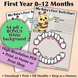 May include: A printable baby teeth chart for the first year, featuring a cartoon bee holding a toothbrush. The chart includes spaces for the baby's name, date of birth, and notes, with a diagram of teeth. The text reads "My Baby's First Teeth Chart."