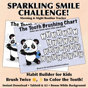 Tabla de cepillado dental Panda, póster de seguimiento dental para niños, rutina matutina y vespertina para niños pequeños, creador de hábitos, mapa de recompensas imprimible