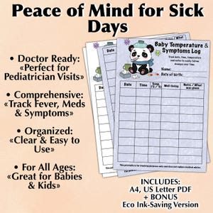 Può includere: Una pila di registri stampabili della temperatura e dei sintomi del bambino. I registri includono sezioni per data, ora, temperatura, benessere e note. L'immagine include anche il testo "Peace of Mind for Sick Days" e "Baby Temperature & Symptoms Log."