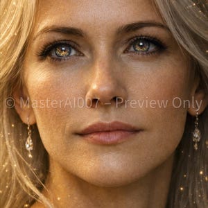 May include: A close-up portrait of a woman with blonde hair and light eyes. She is wearing small, dangling earrings. The image has a soft, golden glow. The text "MasterAI007 - Preview Only" is visible.