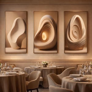 May include: An interior view of a restaurant with three framed abstract sculptures in neutral tones. The sculptures have organic shapes and are mounted on a beige wall. Round tables with white linens, chairs, and floral centerpieces are set for dining. Pendant lights illuminate the space.