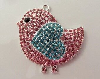45mm x 40mm, Silver and Rhinestone Baby Chick Pendant, Chunky Necklace Pendant, P64