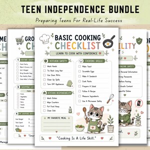 Op de afbeelding: Een printbare Teen Independence Bundle set met een basis kookchecklist met secties voor keukenveiligheid, kookvaardigheden en verantwoordelijkheden. De pagina bevat een cartoonkat met een schort, kookiconen en de tekst Cooking Is A Life Skill.