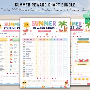 May include: A digital bundle of six summer reward charts, routine trackers, and bucket lists featuring colorful illustrations of suns, palm trees, and crabs. The pages include fillable sections for tasks, savings goals, and daily habits with star-tracking grids.
