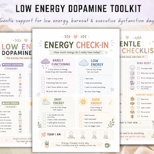 May include: A Low Energy Dopamine Toolkit featuring three printed pages with pastel illustrations and checklists. The central page titled Energy Check-In includes sections for Barely Functioning, Low Energy, Okay Energy, and Good Energy levels with checkboxes and text prompts for daily self-monitoring.
