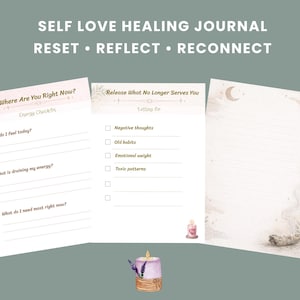 May include: A self-love healing journal with the words "Self Love Healing Journal, Reset, Reflect, Reconnect" at the top. The journal pages include prompts for self-reflection, such as "Where Are You Right Now?" and "Release What No Longer Serves You."