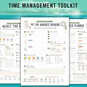 Può includere: Un kit di gestione del tempo con tre pagine di pianificazione stampate intitolate Weekly Time Review, My Time Awareness Dashboard e Time Block Planner. Le pagine includono sezioni per programmi, monitoraggio delle attività e obiettivi.