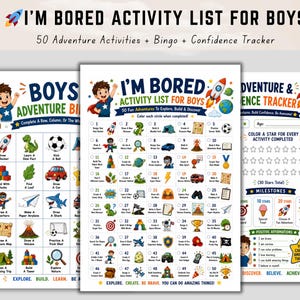 May include: Three printed activity sheets titled I'M BORED ACTIVITY LIST FOR BOYS. The pages feature colorful illustrations of rockets, dinosaurs, sports equipment, and nature items, alongside numbered checklists, a bingo grid, and a confidence tracker.