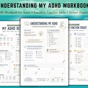 May include: A digital workbook titled Understanding My ADHD featuring three pages with sections for tracking feelings, executive function skills, and daily goals. The pages include checklists, prompts, and illustrations in a soft color palette.