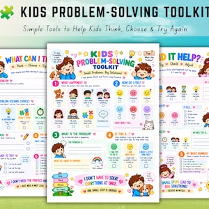 May include: A three-page Kids Problem-Solving Toolkit printable set featuring colorful illustrations of children, animals, and icons. The pages include sections titled What Happened, How Do I Feel, What Is The Problem, and Is This A, with checkboxes and writing prompts.