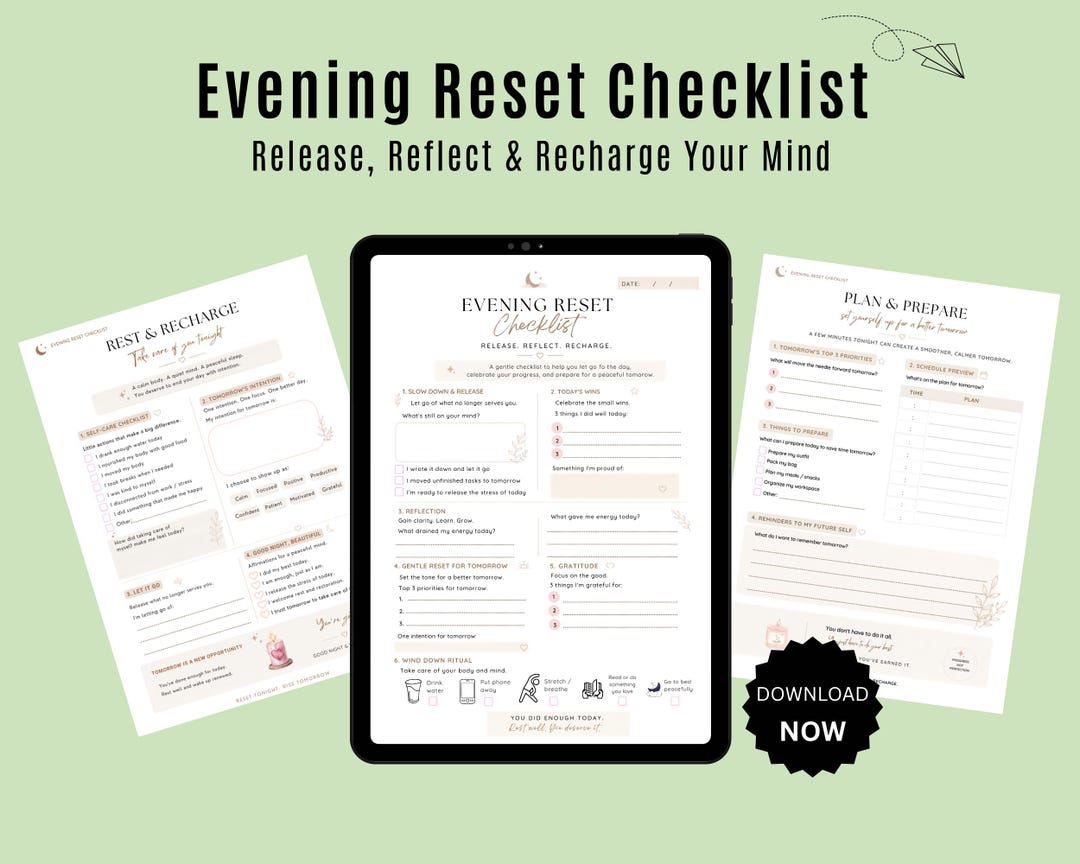 Evening Reset Checklist | Night Routine Planner PDF (A4 Download) - Etsy