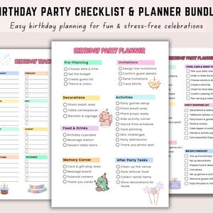Puede incluir: Un paquete imprimible de listas de verificación y planificadores de fiestas de cumpleaños. El paquete incluye un rastreador de cumpleaños, un planificador de fiestas y una lista de compras. El planificador incluye secciones para la pre-planificación, invitaciones, actividades y más.