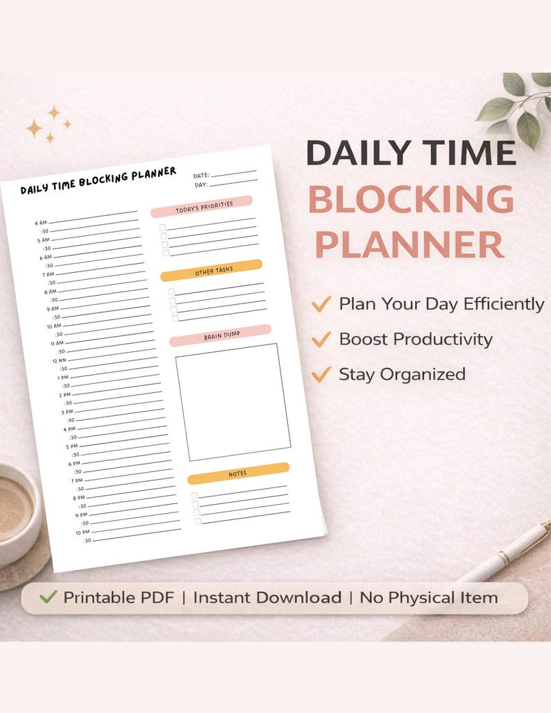 Daily Time Blocking Planner Printable | Half Hourly Schedule PDF ...