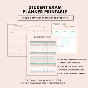 May include: A printable student exam planner with a light pink background. The planner includes daily, weekly, and exam revision templates. Text includes "Student Exam Planner Printable" and "Study & Revision Planner for Students."