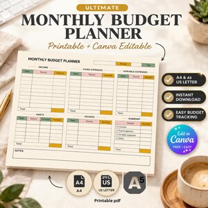 Monatlicher Haushaltsplaner Printable PDF, | Canva Bearbeitbar | https://www.etsy.com/de/listing/721166669/budget-tracker, Umsatzsteuer-Planung