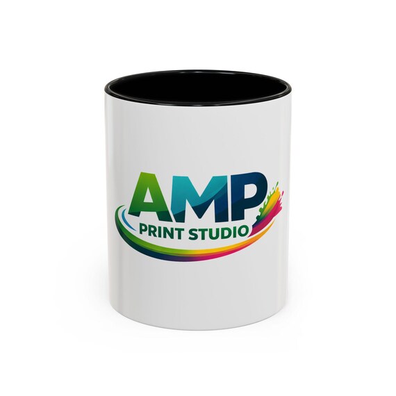 AMP Print Studio Logo Mug, Accent Coffee Mug | Black Handle and Rim, 11oz 15oz