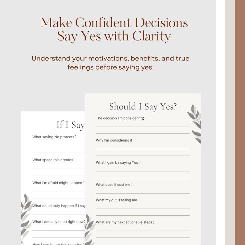 May include: A white journal with the text "Should I Say Yes?" and "If I Say" with prompts for self-reflection. The image also includes the text "Make Confident Decisions Say Yes with Clarity".