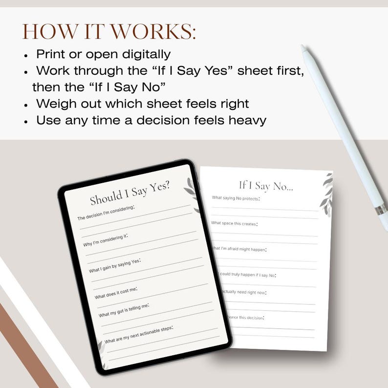 May include: A digital planning tool with the text "Should I Say Yes?" on a tablet screen, and "If I Say No..." on a paper sheet. A white stylus is next to the tablet. The image includes instructions on how to use the tool.