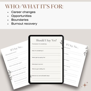 May include: A digital tablet and two sheets of paper with prompts for decision-making. The tablet displays "Should I Say Yes?" questions, while the papers ask "If I Say No...". The image includes text about career changes, opportunities, boundaries, and burnout recovery.
