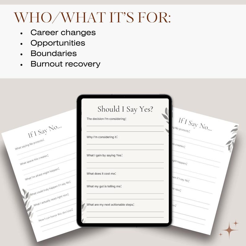 May include: A digital tablet and two sheets of paper with prompts for decision-making. The tablet displays "Should I Say Yes?" questions, while the papers ask "If I Say No...". The image includes text about career changes, opportunities, boundaries, and burnout recovery.