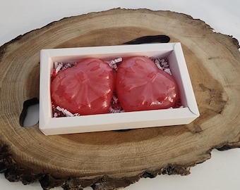 Handmade Cherry Blossom Heart Soap Set – Two Red Heart Soaps in Gift Box