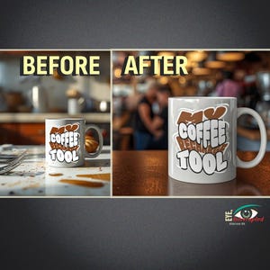 May include: A white coffee mug with the words "COFFEE TOOL" in a brown and white graffiti-style design. The mug has a curved handle and is displayed in front of a blurred background.