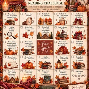 May include: An Autumn Reading Challenge grid featuring twenty-five squares with seasonal illustrations and text prompts. The design includes stacks of books, pumpkins, autumn leaves, candles, and a cozy cat, with a central Free Space square.