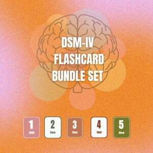 Könnte beinhalten: Ein Lernkartenset mit einer Gehirngrafik und dem Text "DSM-IV FLASHCARD BUNDLE SET". Die Karten sind von eins bis fünf nummeriert. Der Hintergrund ist orange und rosa mit dem Text "MENTAL HEALTH & CLINICAL PSYCHOLOGY STUDY CARDS."