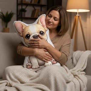 May include: A decorative pillow in the shape of a French Bulldog. The pillow features a cream and tan color scheme with large, expressive eyes. The dog pillow is being held on a sofa.