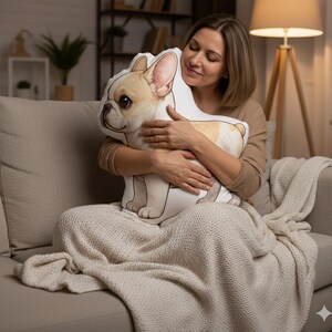 May include: A decorative pillow shaped like a French Bulldog. The pillow features a realistic design with tan, white, and brown coloring. The dog pillow is being held on a beige couch with a cream-colored blanket.