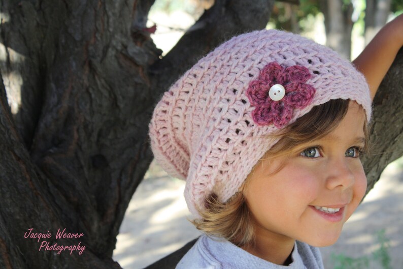 Crochet Slouch Beanie CROCHET PATTERN Baby slouchy beanie with flower image 3