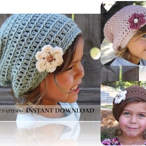 Crochet Slouch Beanie CROCHET PATTERN Baby slouchy beanie with flower image 1