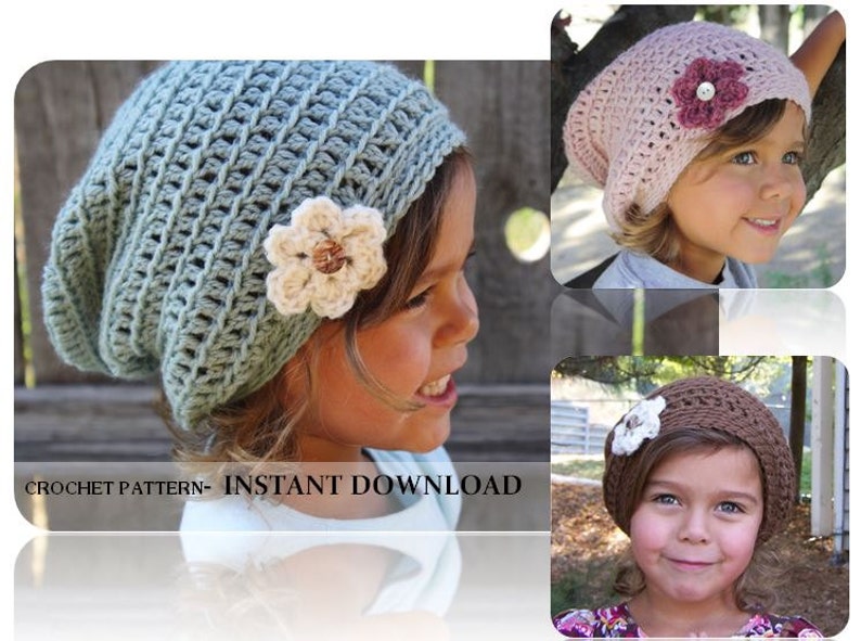 Crochet Slouch Beanie CROCHET PATTERN Baby slouchy beanie with flower image 1