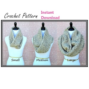 May include: Crochet pattern for a cowl scarf in three sizes: small, medium, and large. The cowl is a light brown color with a textured stitch pattern. The pattern is available for instant download.