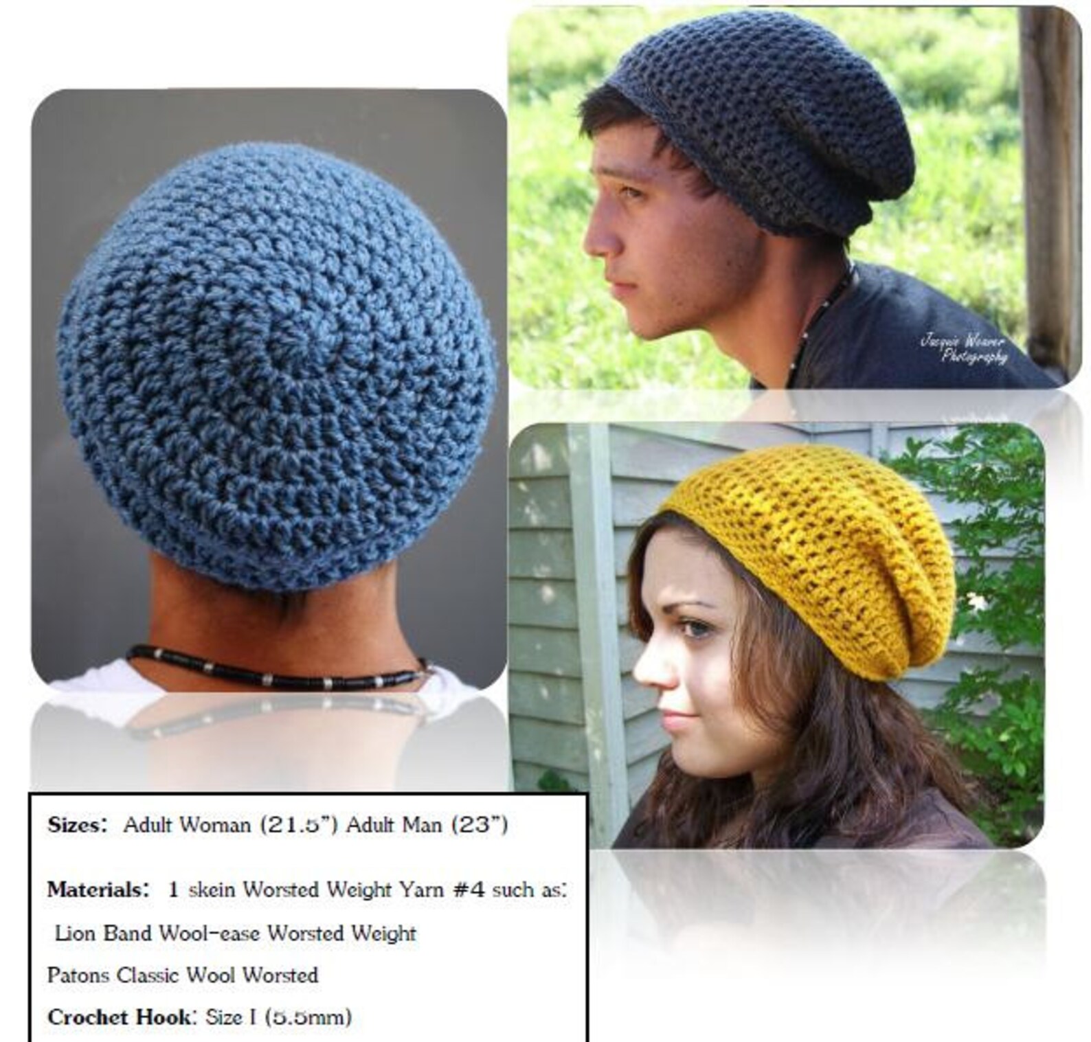 Crochet PATTERN Slouchy Beanie Adult Men and Women's Sizes Also Made to