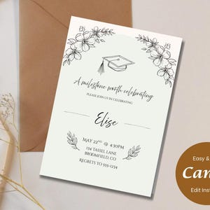 May include: A graduation announcement with floral accents and a mortarboard illustration. The text reads "A milestone worth celebrating" and includes the name "Elise", date, time, and location. A brown envelope is in the background.