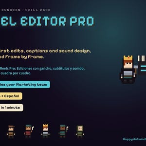 May include: A digital graphic for Jarvis Dungeon Skill Pack Reel Editor Pro featuring pixel art characters, a film clapperboard, and text including Hook-first edits, captions and sound design, checked frame by frame, Upgrades your Marketing team, English + Español, and Install in 1 minute.