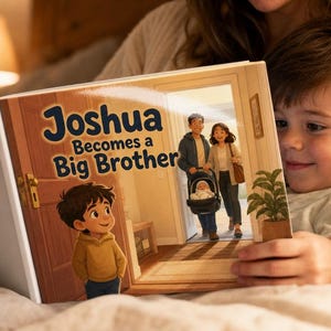 Może przedstawiać: Książka obrazkowa dla dzieci zatytułowana Joshua Becomes a Big Brother, przedstawiająca ilustrację chłopca w ż&oacute;łtej bluzie z kapturem patrzącego na drzwi, przez kt&oacute;re wchodzą dorośli z niemowlęciem w nosidełku, w ciepłym wnętrzu domu.