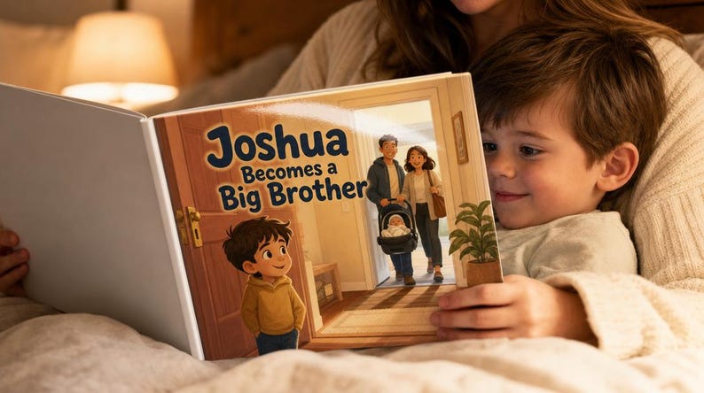 Może przedstawiać: Książka obrazkowa dla dzieci zatytułowana Joshua Becomes a Big Brother, przedstawiająca ilustrację chłopca w ż&oacute;łtej bluzie z kapturem patrzącego na drzwi, przez kt&oacute;re wchodzą dorośli z niemowlęciem w nosidełku, w ciepłym wnętrzu domu.