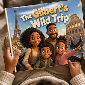 Może przedstawiać: Książka dla dzieci w twardej oprawie zatytułowana The Gilbert's Wild Trip z kolorową ilustracją czteroosobowej rodziny na łodzi. W tle widać wieżę Eiffla i Koloseum pod błękitnym niebem. Okładka książki ma błyszczące wykończenie.