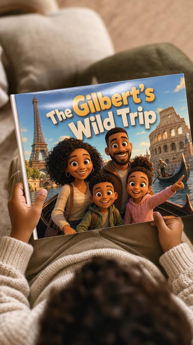 Może przedstawiać: Książka dla dzieci w twardej oprawie zatytułowana The Gilbert's Wild Trip z kolorową ilustracją czteroosobowej rodziny na łodzi. W tle widać wieżę Eiffla i Koloseum pod błękitnym niebem. Okładka książki ma błyszczące wykończenie.
