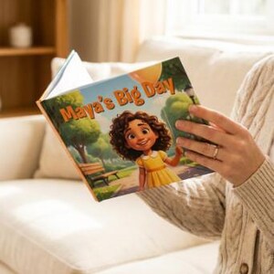 Może przedstawiać: Książka obrazkowa dla dzieci zatytułowana Maya's Big Day, przedstawiająca ilustrację młodej dziewczynki z kręconymi brązowymi włosami w ż&oacute;łtej sukience w parku z drzewami, drewnianą ławką i balonem na tle jasnego nieba.
