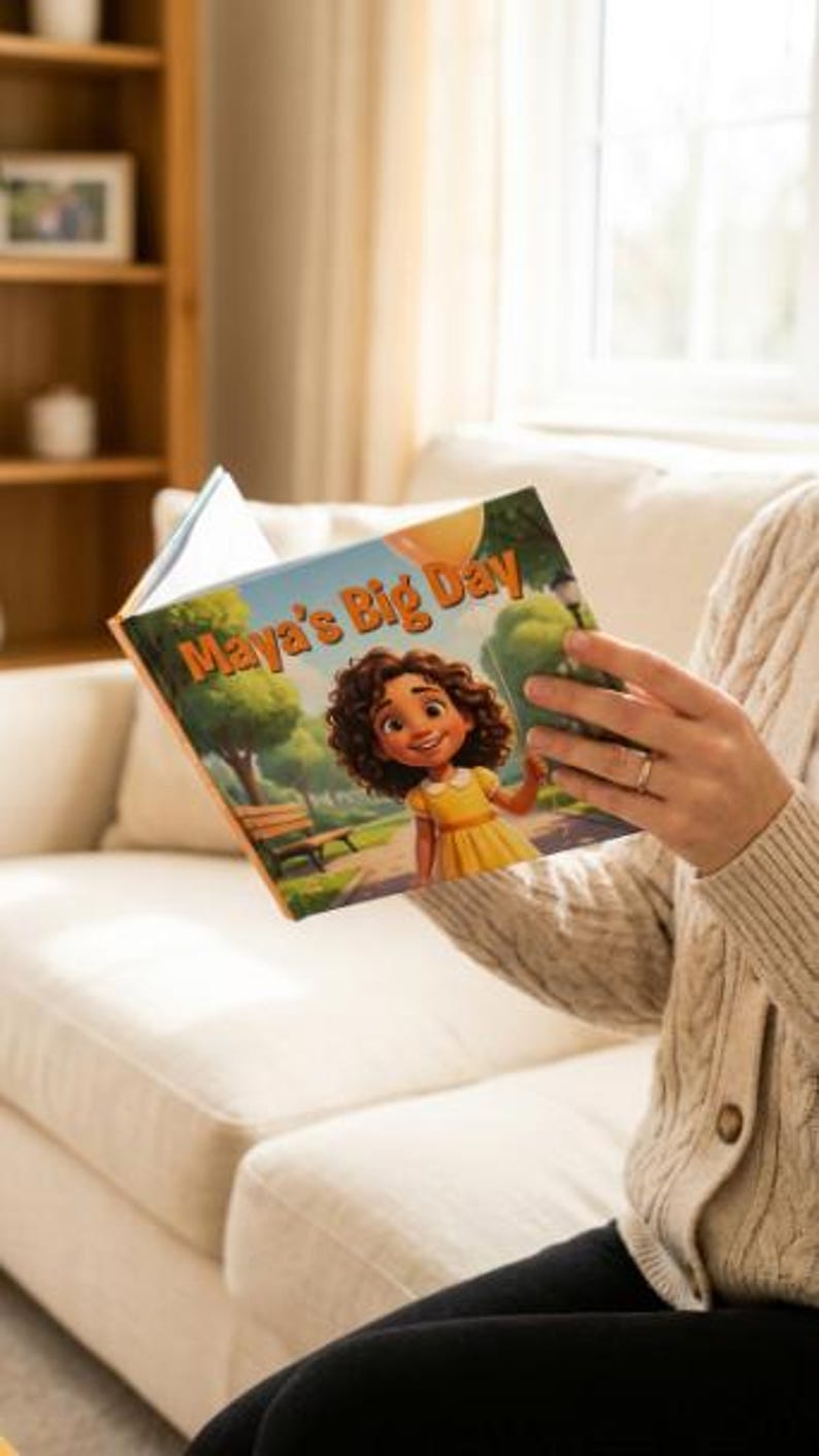 Może przedstawiać: Książka obrazkowa dla dzieci zatytułowana Maya's Big Day, przedstawiająca ilustrację młodej dziewczynki z kręconymi brązowymi włosami w ż&oacute;łtej sukience w parku z drzewami, drewnianą ławką i balonem na tle jasnego nieba.
