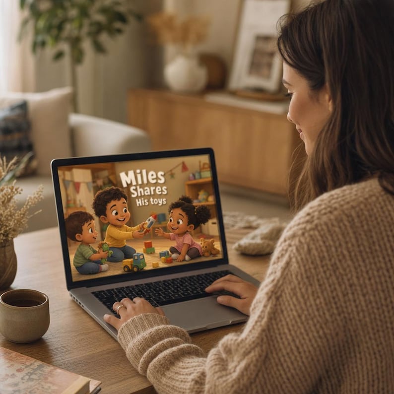 Może przedstawiać: Srebrny laptop wyświetlający na ekranie ilustrację trojga dzieci bawiących się zabawkami. Tekst na ekranie brzmi Miles Shares His toys. Laptop jest otwarty na drewnianej powierzchni, obok znajduje się ceramiczny kubek.