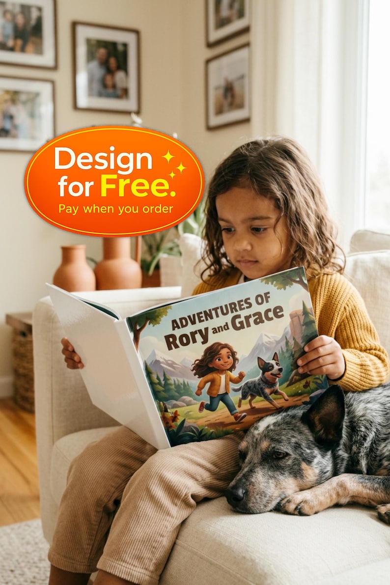 Może przedstawiać: Książka dla dzieci w twardej oprawie zatytułowana Adventures of Rory and Grace z ilustrowaną okładką przedstawiającą dziecko i psa biegnących przez g&oacute;rski krajobraz. Książka ma biały grzbiet i jest otwarta, ukazując kolorową grafikę.