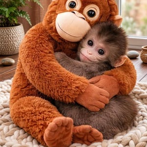 Może przedstawiać: Pluszowy pomarańczowy orangutan przytula małą małpkę. Pluszowy orangutan ma uśmiechniętą twarz i duże, ciemne oczy. Mała małpka jest szara i brązowa, wtulona w ramiona orangutana. Siedzą na kremowym, dzierganym dywanie.
